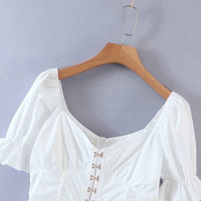 DEAT Spring Arrival Solid Short Puff Sleeve Square Collar High Waist Vintage Style Button Slim Mini Pleated Dress MZ029 210709