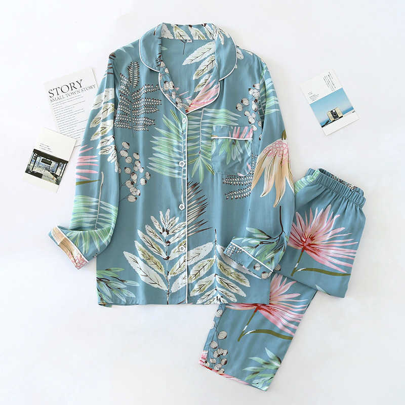 Spring and summer viscose ladies small fresh printed artificial cotton pajamas thin cool flowers long-sleeved home service suit 211007