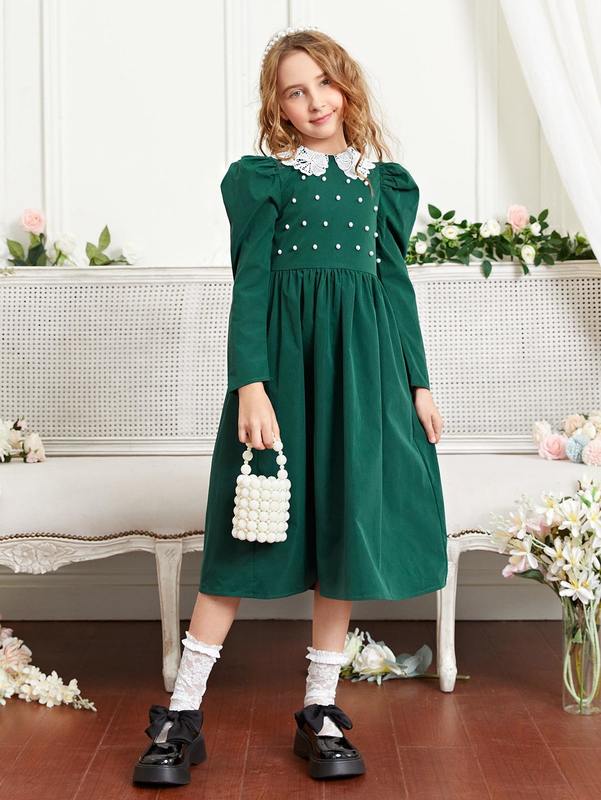 Girls Gigot Sleeve Pearl Beaded Guipure Lace Detail Dress SHE