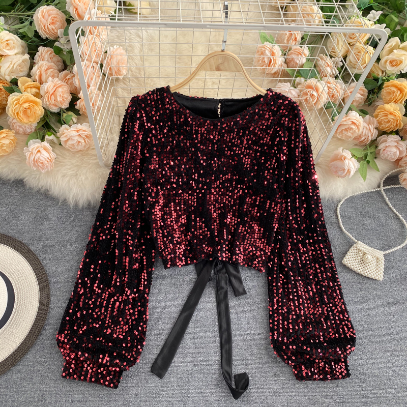 Sexy Hollow Out Sequin Blouse Women O-Neck Open Back Bandage Tops Elegant Black/Red Bg Club Party Shirt Autumn Fashion 210308