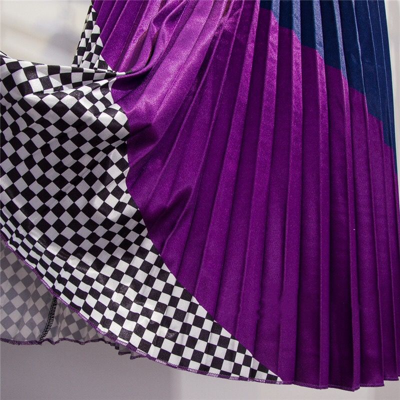 Marwin Spring -Coming Europen Color Matching Plaid Pleated skirt High Street Style Mid-Calf Empire Striped Women Skirts 210315