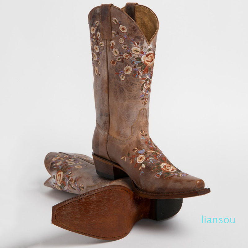 Fashion Floral Embroidered Cowgirl Knee High Leather Vintage Riding Shoes Boots Women