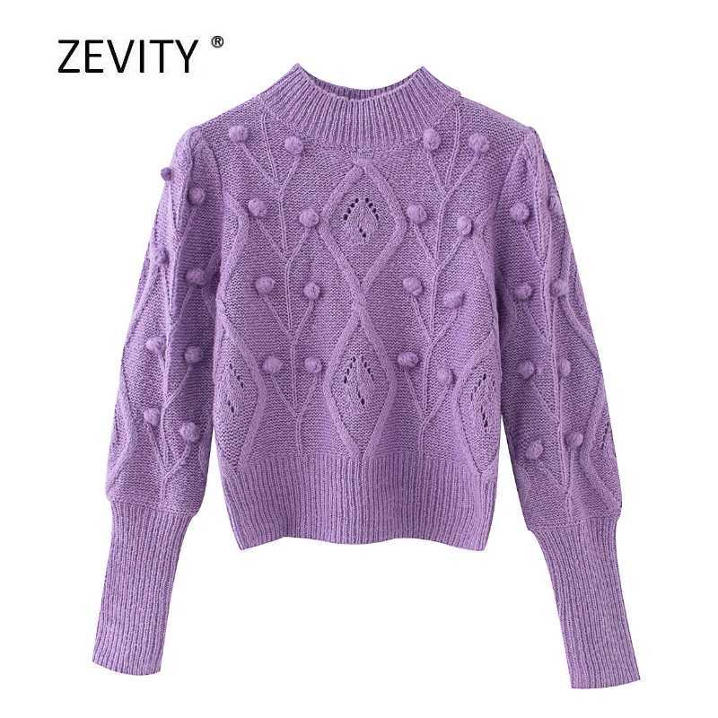 Zevity women fashion solid color ball appliques knitting sweater ladies long sleeve casual sweaters chic pullovers tops S309 211011Z