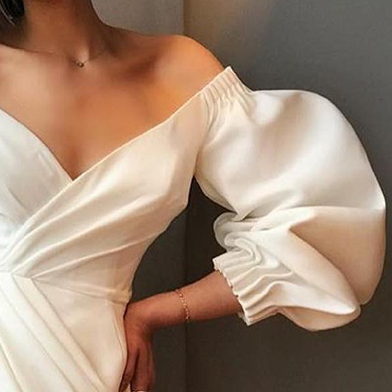2021 Elegant Solid Evening Prom Gowns Party Dresses for Women Sexy V Neck Puff Sleeve Dresses Black White Off Shoulder High Split Maxi Vestidos