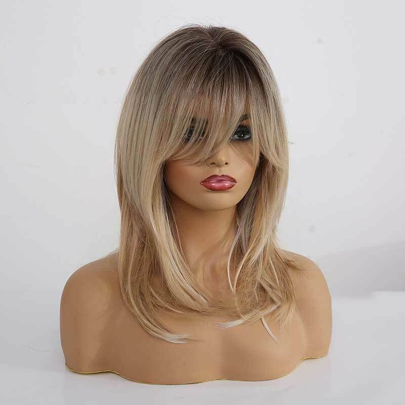 Fashion Shoulder Length Synthetic Wigs Ombre Brown Blonde Wigs with Bangs for Party Use