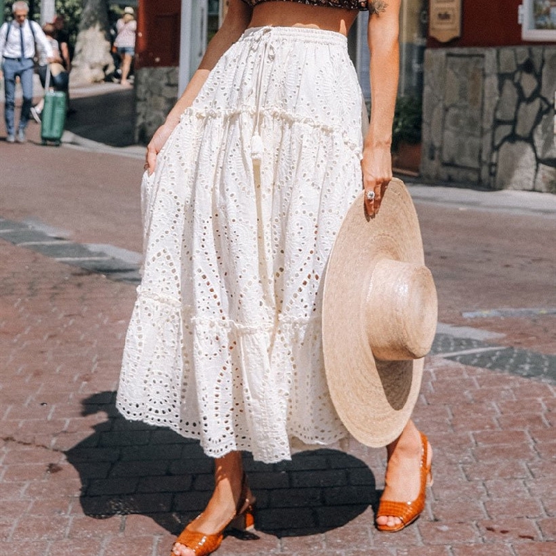 Maxi Lace Skirt Women 100% Cotton Casual Tassel Laceup Waist Elastic Hollow Out Long Skirts Summer Beach Holiday Skirt 210306