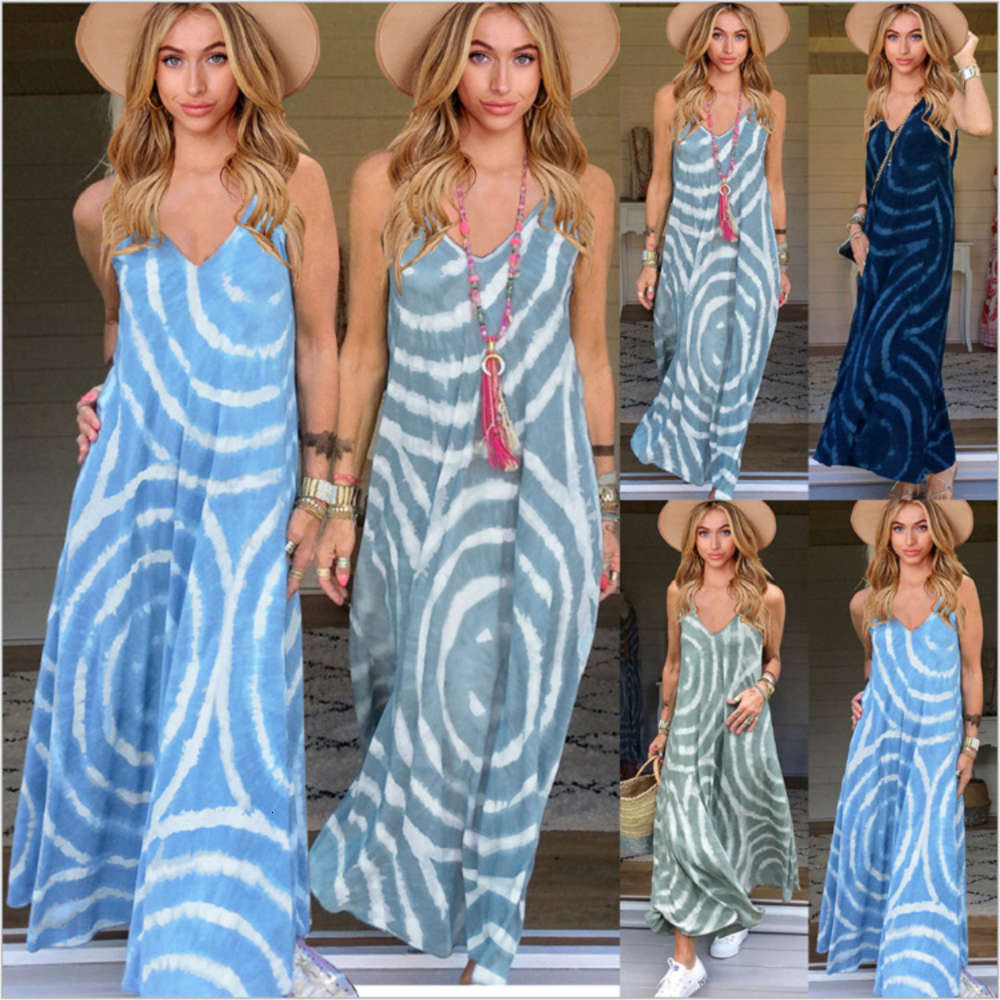 Summer V-neck drawstring long skirt Bohemian print sleeveless dress, Black;gray 
Summer V-neck drawstring long skirt Bohemian print sleeveless dress, Black;gray