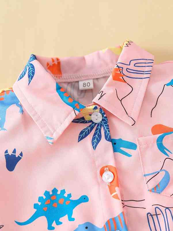 Baby Plant And Dinosaur Print Patched Pocket Shirt & Shorts SHE