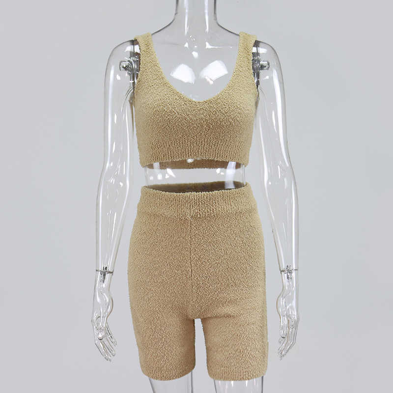 Colysmo Home Wear Two Piece Set Women Sleeveless Knitted Crop Top And Shorts 2 Casual Outfits Khaki Lounge 210527
