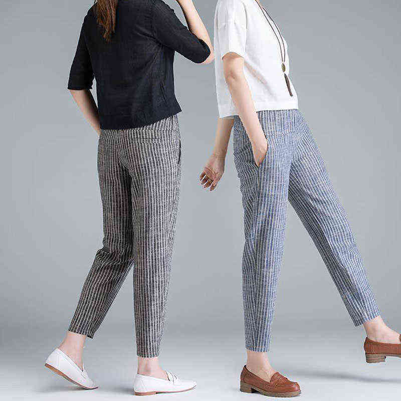 Spring Casual Harem Pants Korean Style High Waist Women Pants Stripe Cotton Linen Trousers Plus Size Streetwear Women 10299 211112
