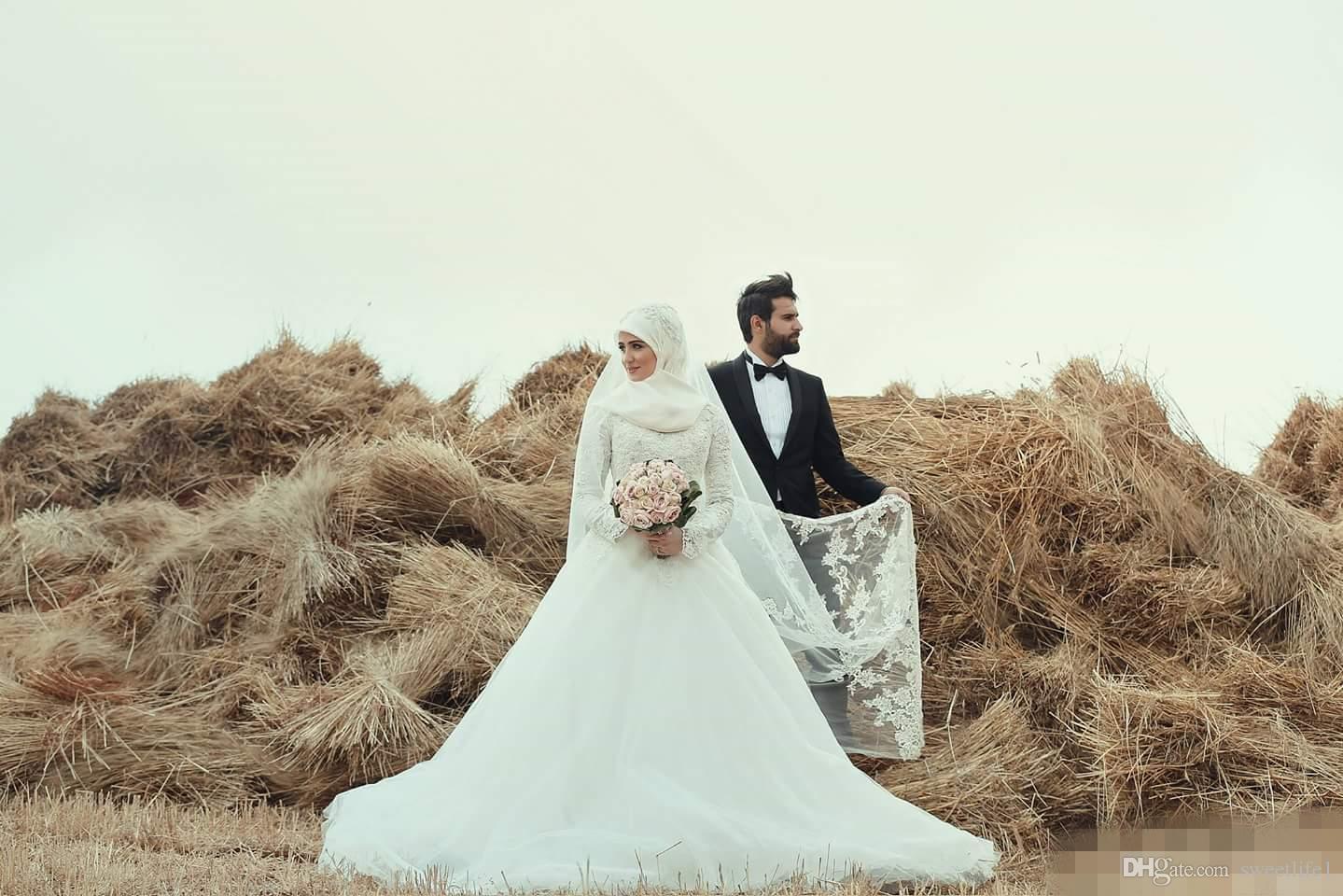 2021 Modest Arab Islamic Muslim Wedding Dresses Long Sleeves Bridal Gowns High Collar Sweep Train Dubai Gown Dress