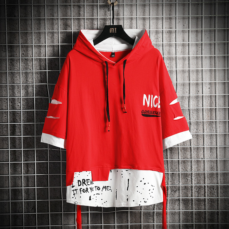 SingleRoad Men's Hoodies Ripped Summer Patchwork Ribbon Sweatshirt Male Hip Hop Harajuku Japanese Streetwear Black Hoodie Men 201020