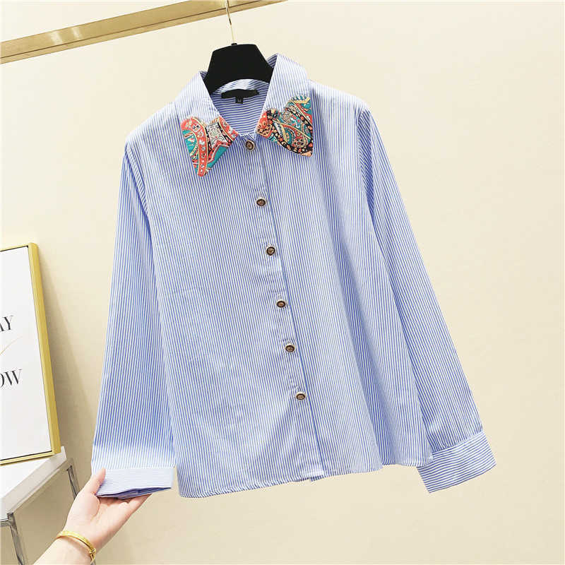 Spring and Autumn Fashion Long Sleeve Blue Vertical Stripe Print Shirt Loose Blouse Plus Size Womens Clothing 210615Z