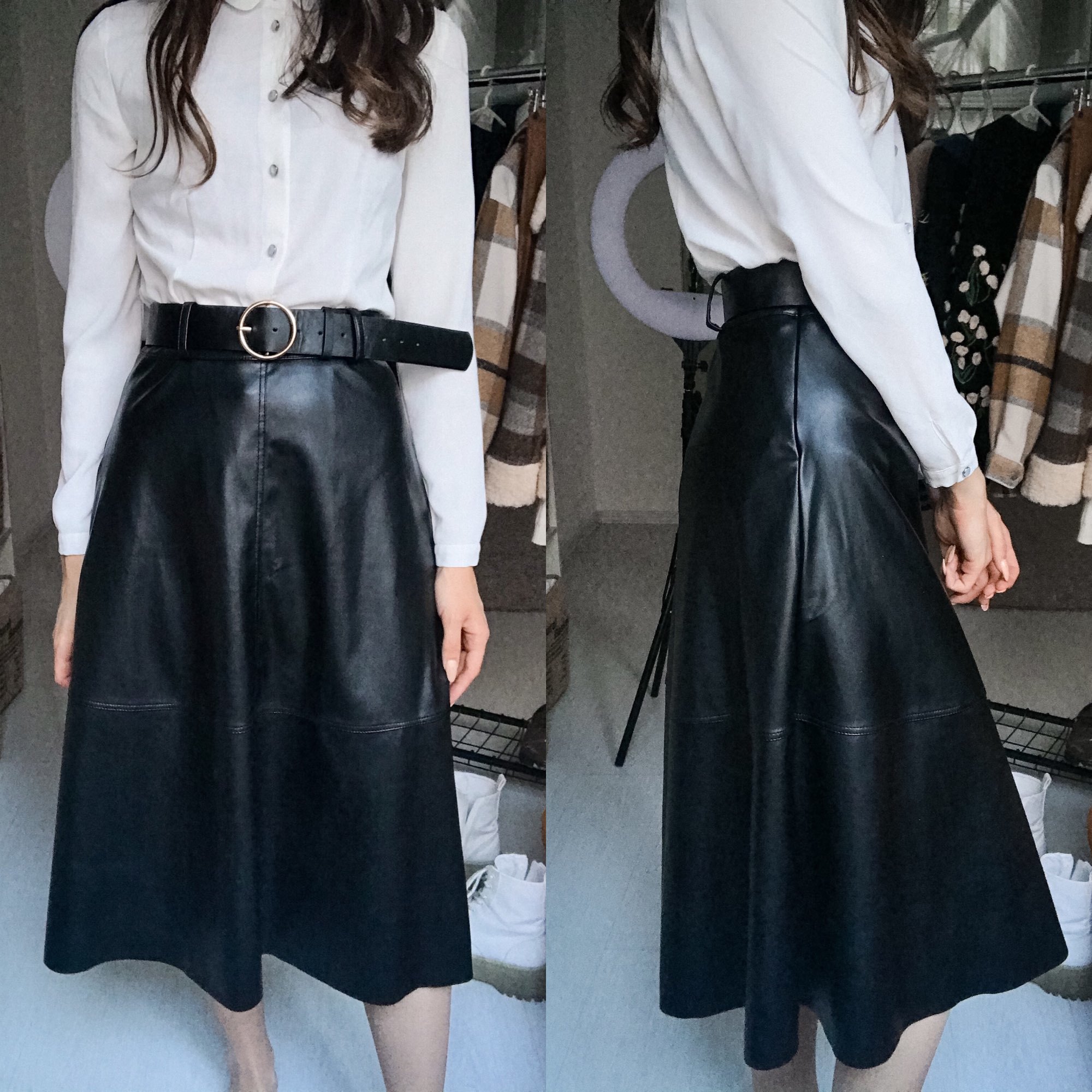 REALEFT Autumn Winter PU Faux Leather Long Skirt with Belt High Waist Vintage Aline Skirt Chic Midcalf Umbrella Skirt 210306