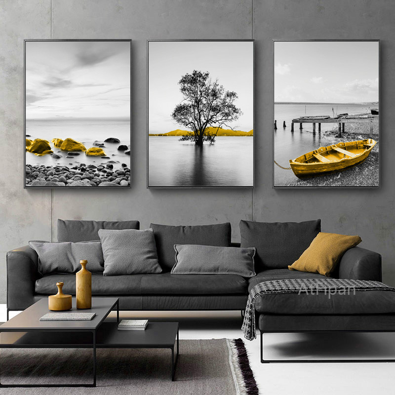 Golden Retro Seaside Scenery Poster Fish Boat Nordic Seascape Canvas Painting Wall Art Picture for Modern Home Interior Decor