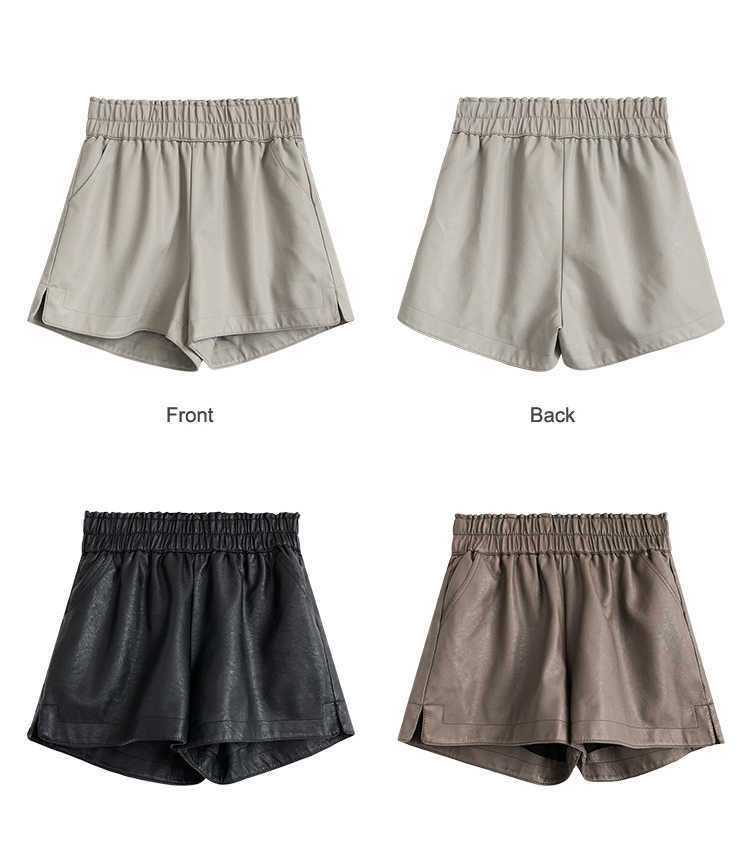 Khaki PU Leather Shorts Women High Quality Wide Leg Faux Waist For Autumn Loose 210714