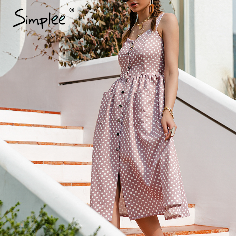 Casual Polka Dot Dress Sleeveless Holiday style high waist buttoned women's Fashion Midlength summer dresses 210309