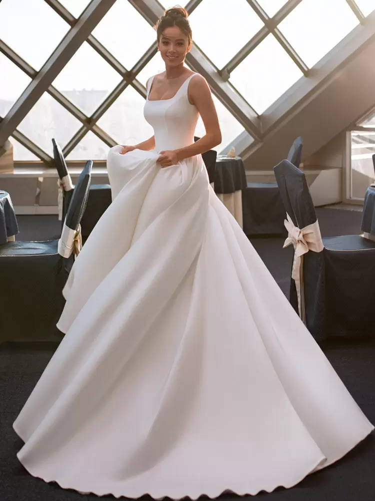 Wedding Simple Dresses Bridal Gown Sweep Train Straps Sleeveless Square Neck Satin Chapel Plus Size Custom Made Vestido De Novia