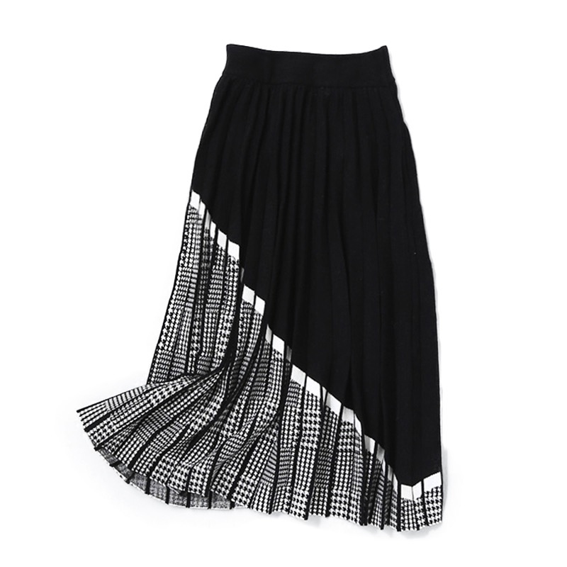 High Quality Women's Knitted Skirt Fall Winter Fashion Houndstooth Hit color Patchwork Skirt Pleated Thick Black Warm Skirts 210309