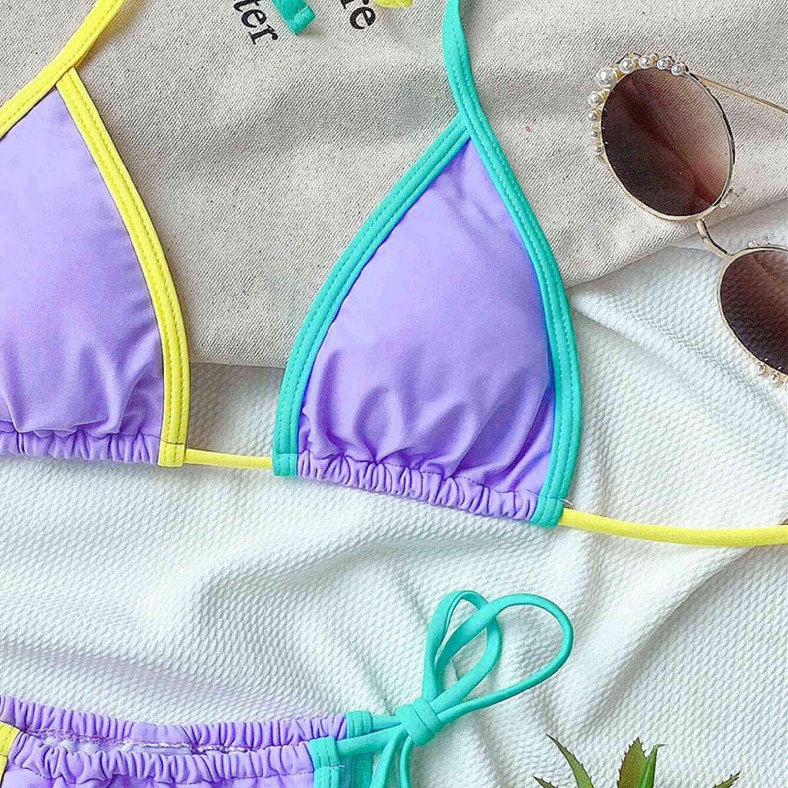 Sexy Thong Micro Bikinis Women Swimsuits Color Border Push up Swimwear Female Bikini Set Brazilian Biquini Bathing Suits 210625
