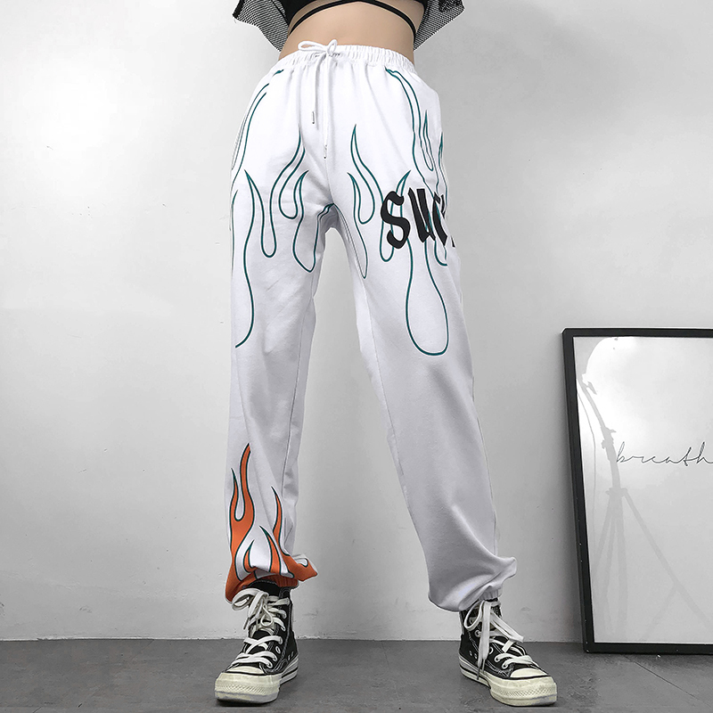 Rapwriter Casual Fire Print Elastic High Waist Trousers Women Summer Streetwear Harajuku Sweatpants Joggers Straight Pants T200516