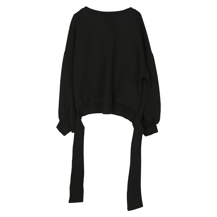 [DEAT] New Autumn Winter Round Neck Long Sleeve Solid Color Black Back Bandage Bow Loose Sweatshirt Women Fashion LJ201130