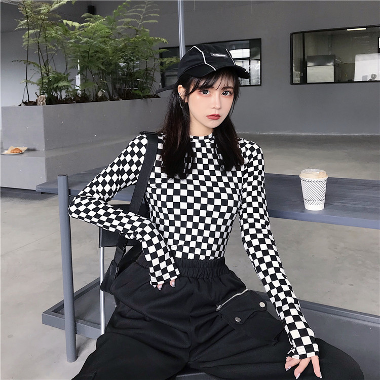 Black & White Checkered Mesh Top Long Sleeve Mock Neck Cropped Top Women's T-shirts Altgirl Outfit / 210302