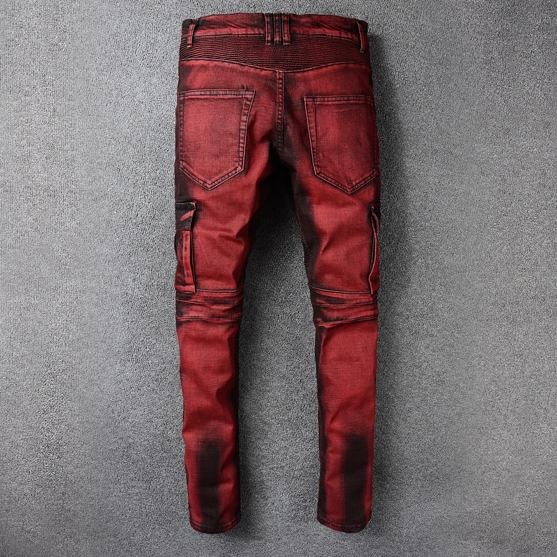 Fashion Streetwear Men Jeans Red Color Slim Fit Elastic Spliced Ripped Jeans Men Big Pocket Denim Cargo Pants Biker Jeans homme T200614