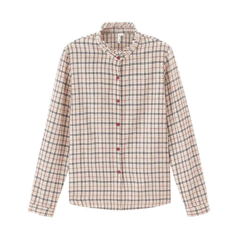 INMAN Autumn Winter Lace Stand-up Collar Long-sleeved Shirt Plaid Cotton Blouse 210225