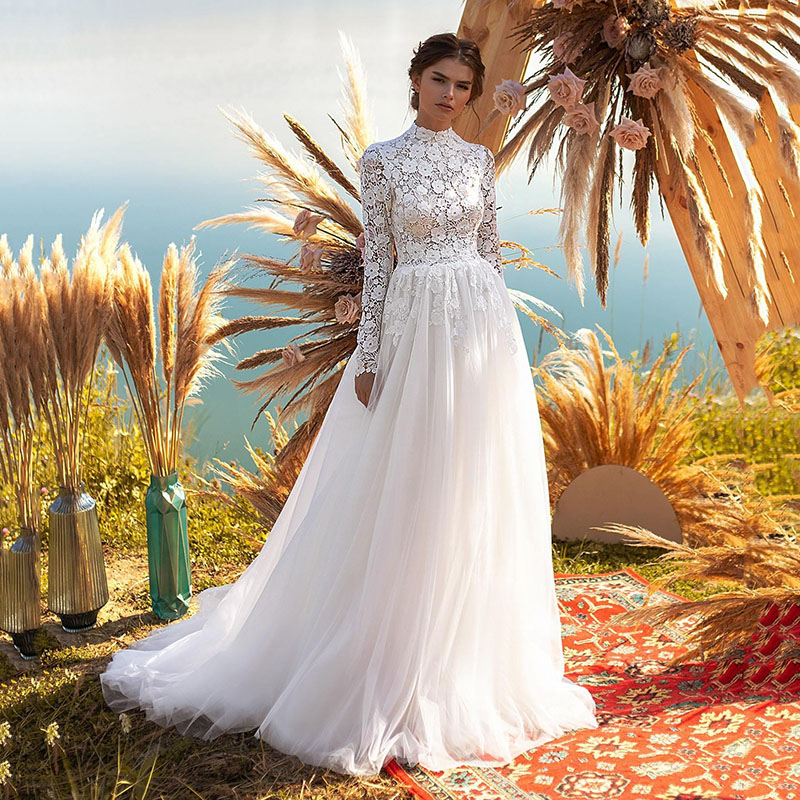 2022 Wedding Dresses Muslim Long Sleeves crochet Lace Appliques Princess Bridal Dress Boho country A Line Wedding Dress vestido novia