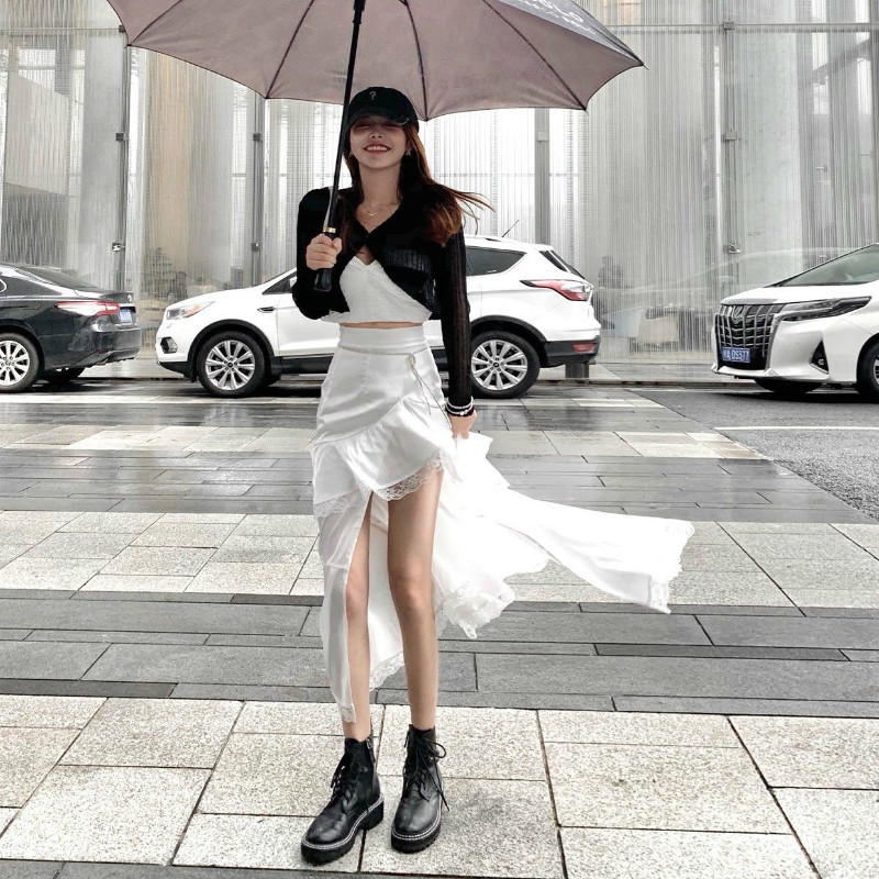 Midi Skirt Women Chic Irregular Harajuku Skirt Casual Cool Split Lace Ruffles Skirts Summer Autumn Women's Clothing New 210309