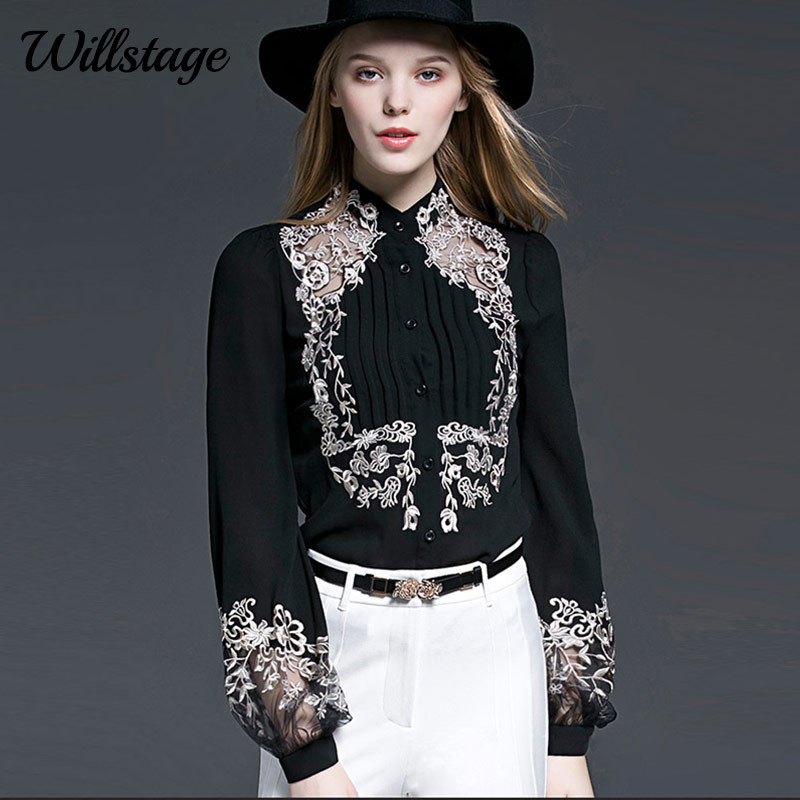 Willstage New Spring Blouse Women Floral Embroidery Long Sleeve Shirts Mesh Hollow out Office ladies OL Work Wear Black Top 210225