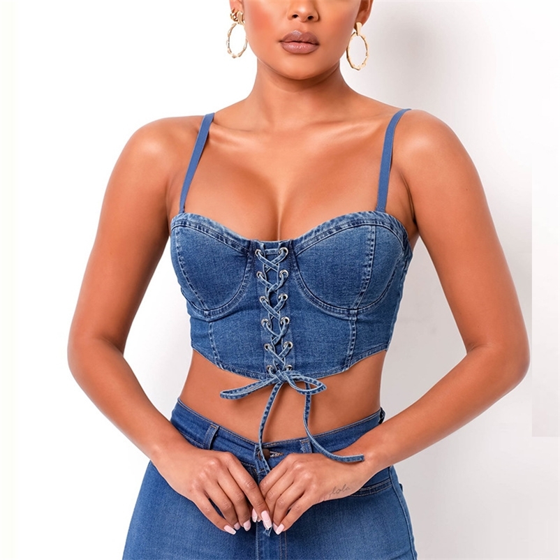 Women Cross Lace Denim Strapless Camis Solid Color Sexy Short Vest Slim Fashion Spring Summer 11B454 210525, Blue
Women Cross Lace Denim Strapless Camis Solid Color Sexy Short Vest Slim Fashion Spring Summer 11B454 210525, Blue