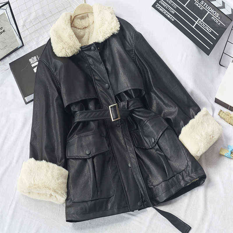 eather clothes winter Korean Pu fur fur collar lace up Plush jacket fashion motorcycle clothe's coat 211109