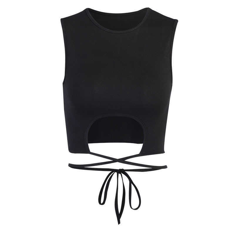 Yellow Hollow Out Bandage Sexy Women Tank Top Sleeveless Summer Slim Lace-Up Short Crop Streetwear Casual Black O-neck Tanks 210604