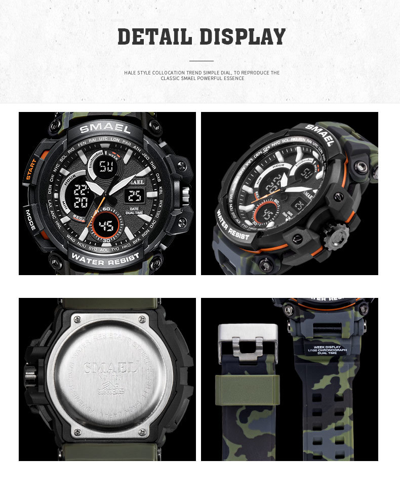 SMAEL Camouflage Military Watch Men Waterproof Dual Time Display Mens Sport Wristwatch Digital Analog Quartz Watches Male 1708 210310