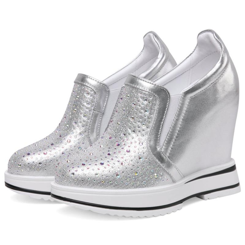Dress Shoes Casual Women Genuine Leather Wedges High Heel Platform Pumps Female Round Toe Fashion Sneakers Rhinestones Trainers