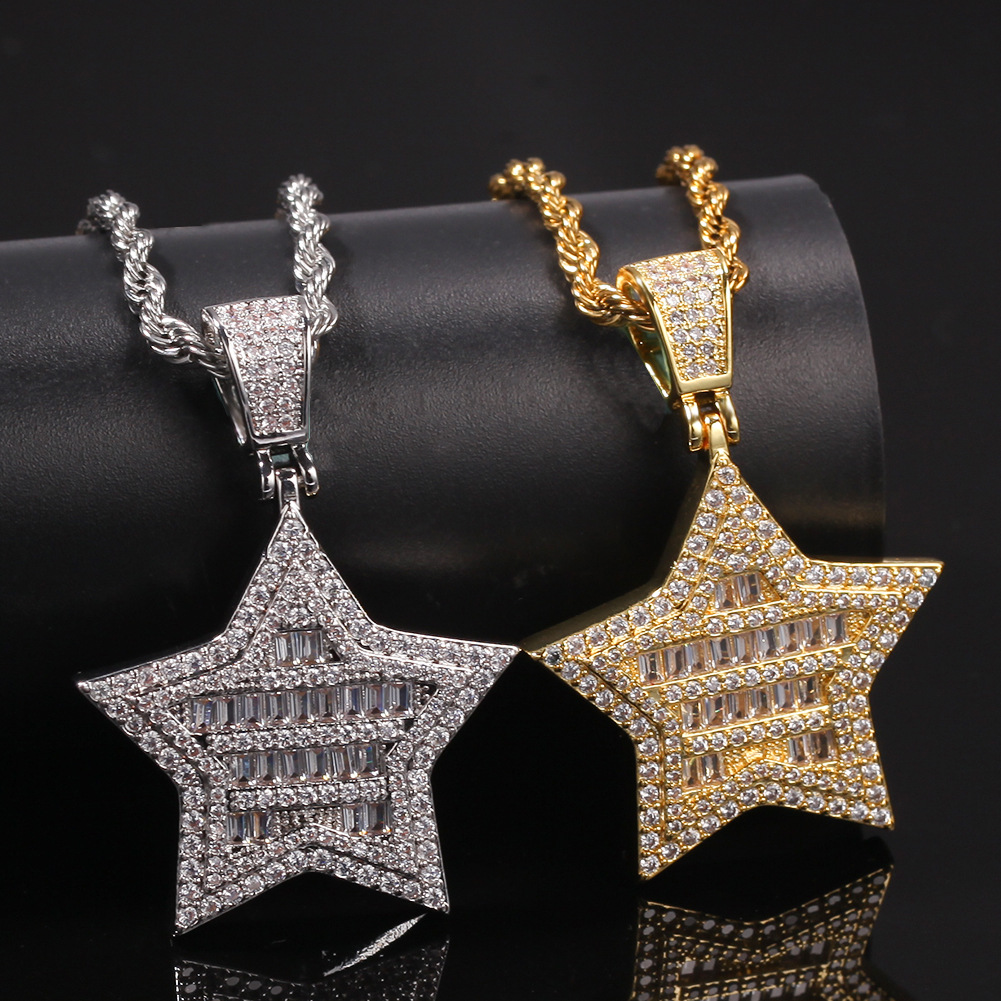 Hip Hop Star Pendant Necklace Bling 18K Real Gold Plated Shining Crystal Zircon Men Women Gift