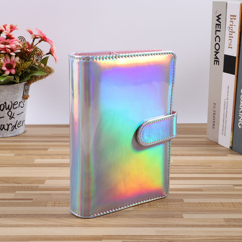 A6 Holographic Notebook Binder notepads PU Leather Refillable 6 Ring Binders for Filler Paper with Magnetic Buckle Closure can custom DIY