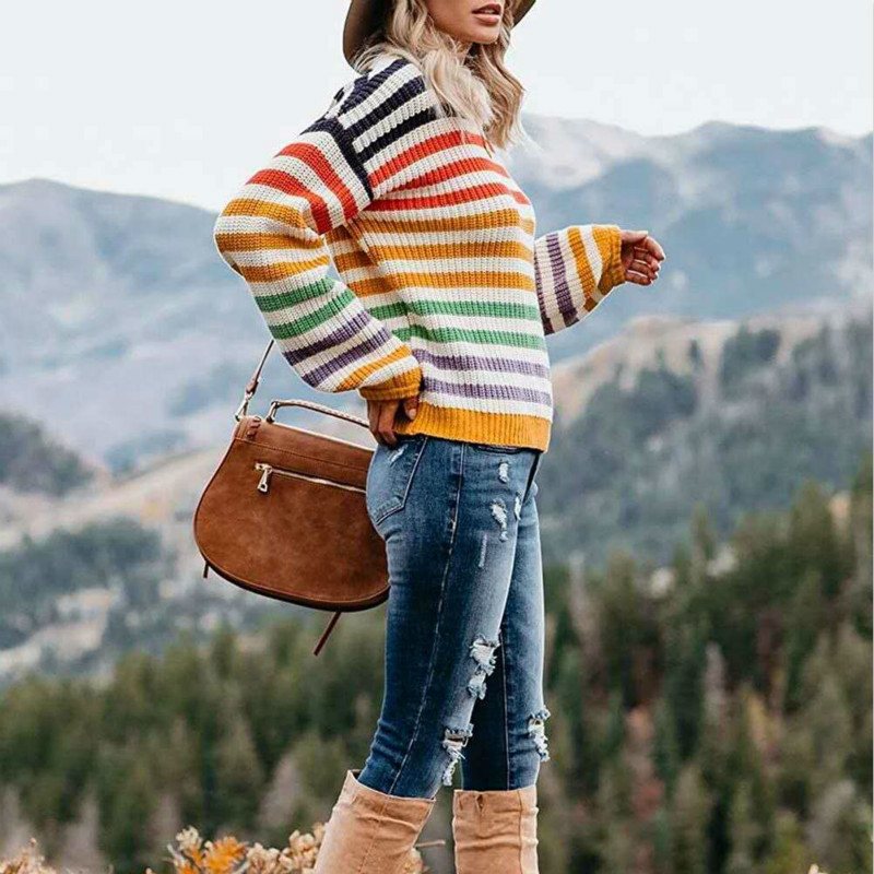 Autumn New Women's Long Sleeve Stripes Knitted round Neck Fashion Wool Female Knitting Upperwaear pullover Sweater 201017