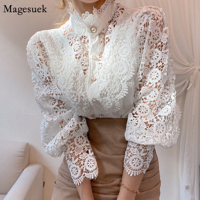 Loose Cotton White Lace Shirt Tops Hollow Crochet Floral Casual Blouse New Vintage Long Sleeve Women Shirts Blouses Blusas 12928 210225