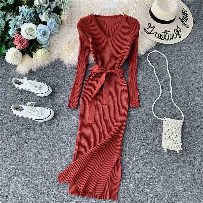 Fashion Women Sweater Dress Autumn Winter V-neck Pull Bodycon Dresses Ladies Slim With Belt Basic Black Long Robe Mujer 210525
Fashion Women Sweater Dress Autumn Winter V-neck Pull Bodycon Dresses Ladies Slim With Belt Basic Black Long Robe Mujer 210525