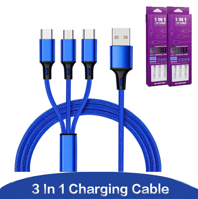 1.2M Type C USB Braided High Speed Charging Cord 3 in 1 Cable 2.1A Micro USB Quick Charger for Android Phone with Retail Packaging
1.2M Type C USB Braided High Speed Charging Cord 3 in 1 Cable 2.1A Micro USB Quick Charger for Android Phone with Retail Packaging