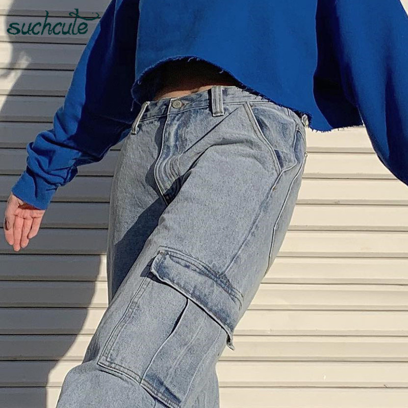 SUCHCUTE Pockage Women Jeans Cage Denim Pants Wide Leg Punk Korean Style Harajuku Trousers Female Joggers Harajuku 210222