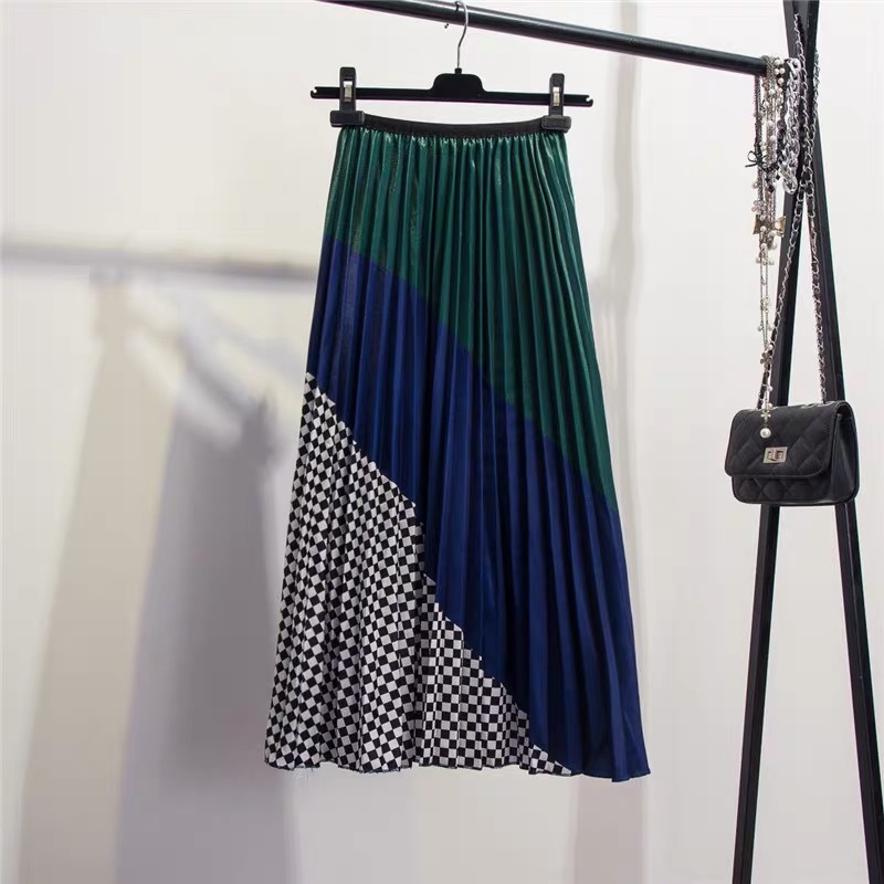 Marwin Spring -Coming Europen Color Matching Plaid Pleated skirt High Street Style Mid-Calf Empire Striped Women Skirts 210315