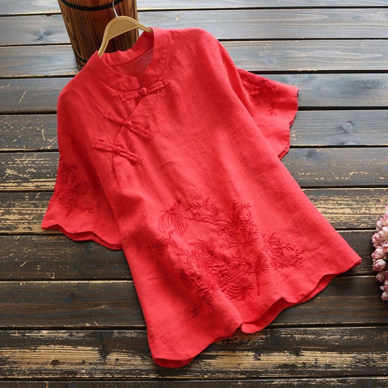 New Folk Style Summer Women Tshirt Plus Size Vintage Embroidery Stand Collar Button Tee Shirt Femme Cotton Linen Tops D349 210306