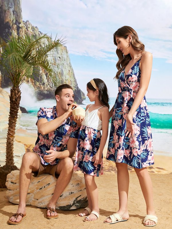 Girls 1pc Tropical Print Overlap Collar Cami Dress SHE