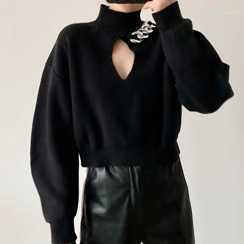 Women&#039;s Sweaters Front Hollow Out Sweater Long Sleeve Metal Chain Turtleneck Black Autumn Winter Top от DHgate WW