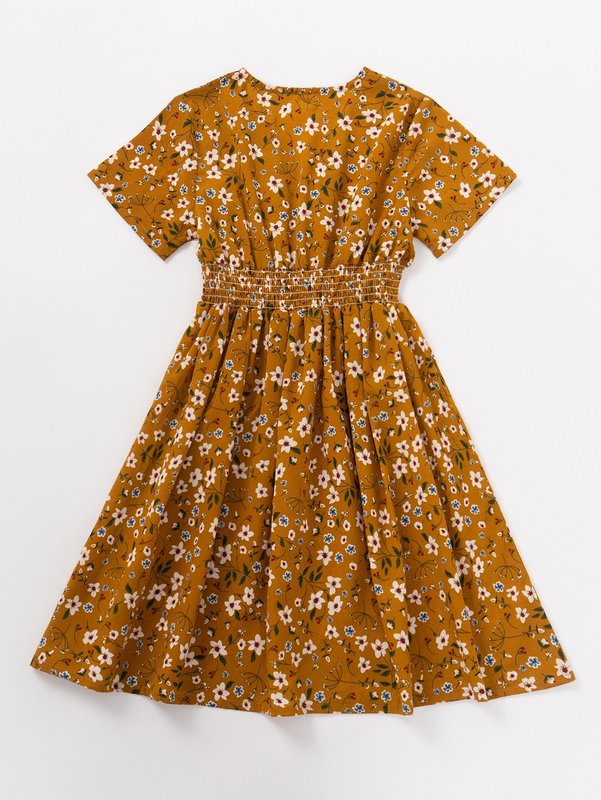 Girls Allover Floral Print Shirred Dress SHE