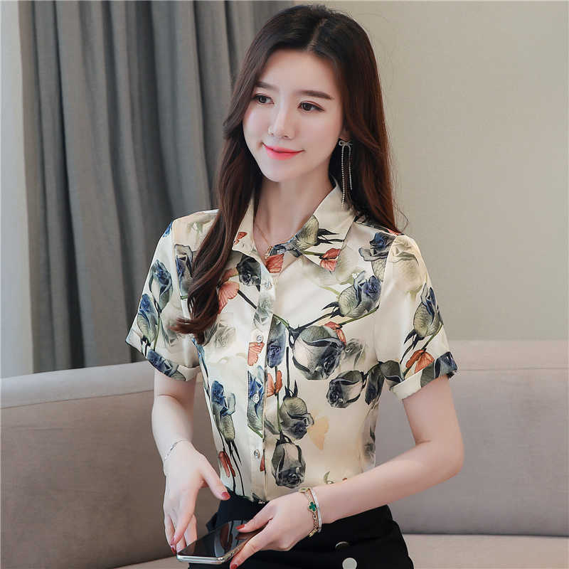 Korean Silk Women Shirts Satin Blouse Office Lady Print Shirt Tops Plus Size Blouses Blusas Mujer De Moda 210531